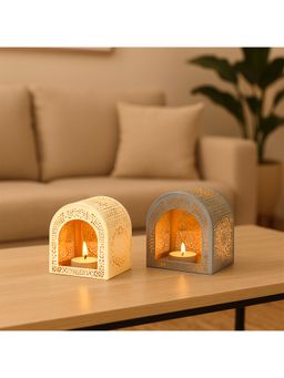 Voncasa - (Pack of 2) Off-White & Grey House-Shaped T-Lite Holders Moroccan Design