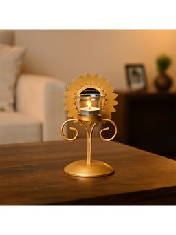 Voncasa - Metal Tealight Holder - Glossy golden sunflower-shaped base with a plain glass votive