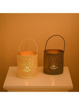 Voncasa - Hanging Metal Tealight Holder Round Shape in Glossy Grey and Off-White (Pack of 2)