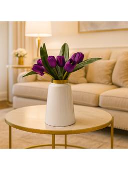 Voncasa - White & Gold Toned Iron Cylindrical Shape Glossy Finish Flower Vase