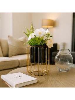 Voncasa - Metal Plant Pot with Stand - Big Black & Golden Round Planter for Indoor & Outdoor