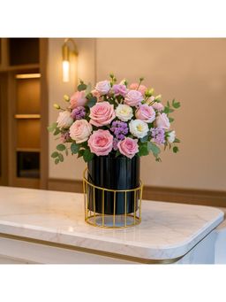 Voncasa - Glossy Texture Small Metal Plant Pot with Stand - Features a Round Black & Golden