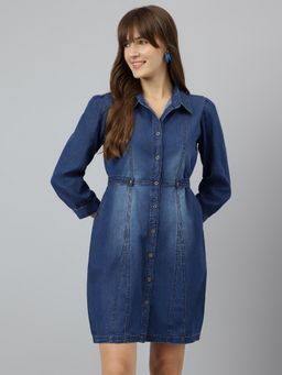Latin Quarters - Women Blue Casual Spread Collar Solid Dress