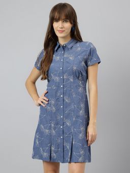 Latin Quarters - Women Blue Short Sleeves Casual Spread Collar Floral Dress