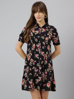 Latin Quarters - Women Black Short Sleeves Casual Spread Collar Floral Dress