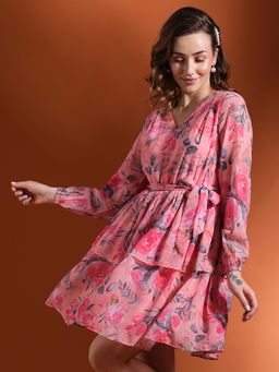 Globus - Women Peach Floral Print Bishop Waist Tie-Up Fit And Flare Layered Dress with Belt (Set of 2)