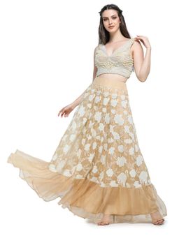 Pinnacle By Shruti Sancheti - Beige Applique Work Skirt with Pearl Embroidered Top (Set of 2)