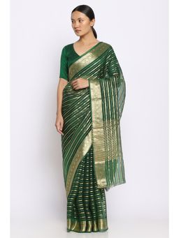 Via East - Deep Green Organza Striped Saree with Unstitched Blouse