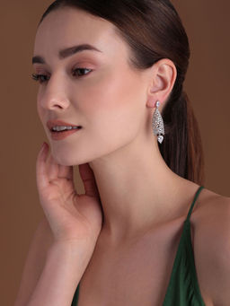 Shaze - Silver Rhodium-Plated American Diamond Cluster Drop & Dangle Earrings For Women