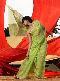 CHARUKRITI - Lime Green Silk Cotton Handwoven Jamdani Saree with Zari Woven Designs and Motifs