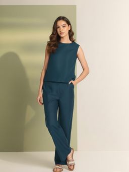 AOBA - Turquoise Blue Sleeveless Solid Co-ord (Set of 2)