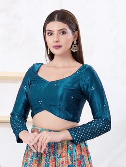 VAMAS - THE DESIGNER BLOUSES - Women Blue Sweetheart Neck Padded Stitched Saree Blouse