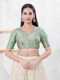 VAMAS - THE DESIGNER BLOUSES - Women Green V-Neck Padded Stitched Saree Blouse