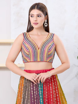 VAMAS - THE DESIGNER BLOUSES - Women Multi-Color V-Neck Padded Stitched Saree Blouse