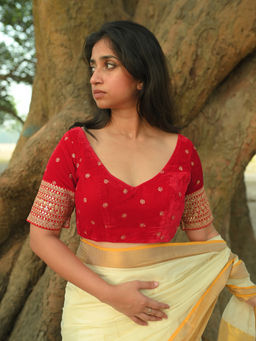 Huts and Looms - Red Velvet Designer Stitched Blouse
