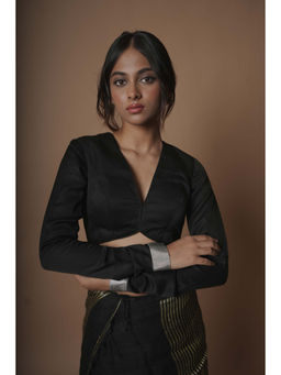 Huts and Looms - Black Designer Silk with Full Sleeves Stitched Blouse