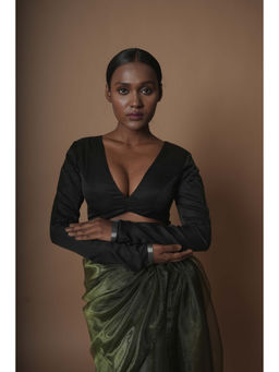 Huts and Looms - Black Designer Silk with Full Sleeves Stitched Blouse