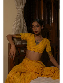 Huts and Looms - Yellow Cotton Striped Designer Stitched Blouse