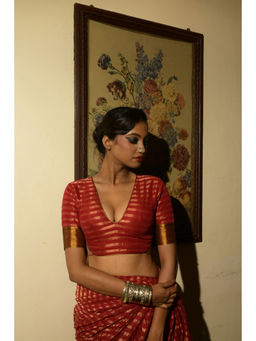 Huts and Looms - Maroon Cotton Striped Designer Stitched Blouse