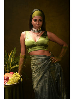 Huts and Looms - Green Satin Silk Plunging Neck Stitched Blouse