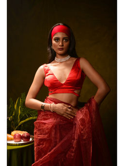 Huts and Looms - Red Satin Silk Plunging Neck Stitched Blouse