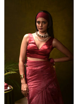 Huts and Looms - Pink Satin Silk Plunging Neck Stitched Blouse