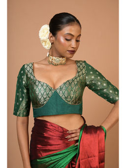 Huts and Looms - Green Brocade with Sweetheart Neckline Stitched Blouse