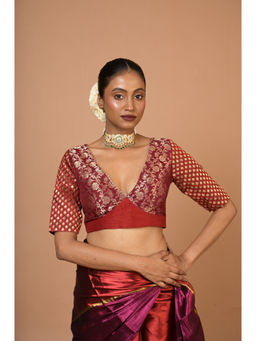 Huts and Looms - Red and Purple Plunging Neck Brocade Stitched Blouse