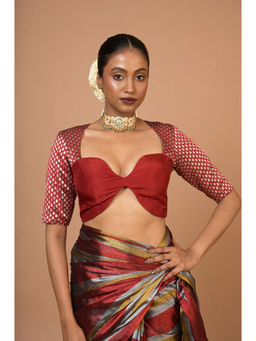 Huts and Looms - Red Brocade with Sweet Heart Neckline Stitched Blouse