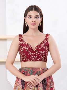 VAMAS - THE DESIGNER BLOUSES - Women Maroon V-Neck Padded Stitched Saree Blouse