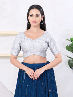 VAMAS - THE DESIGNER BLOUSES - Women Silver Sweetheart Neck Padded Stitched Saree Blouse