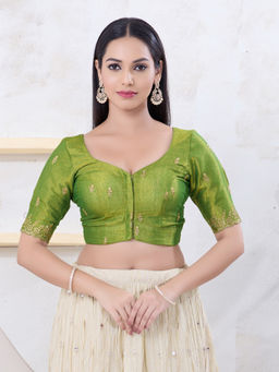 VAMAS - THE DESIGNER BLOUSES - Women Green Round Neck Padded Stitched Saree Blouse