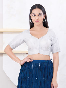 VAMAS - THE DESIGNER BLOUSES - Women Silver Round Neck Padded Stitched Saree Blouse