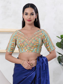 VAMAS - THE DESIGNER BLOUSES - Women Green V-Neck Padded Stitched Saree Blouse