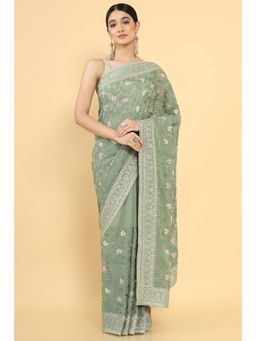 Soch - Women Green Georgette Embroidery Saree with Unstitched Blouse