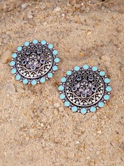 Voylla - Arabian Nights Antique Oxidized Silver & Sky Blue Brass Stud Earrings