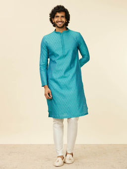 Manyavar - Turquoise Blue Blended Viscose Embroidery Stone Work Kurta and Pyjama (Set of 2)