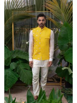 Runit Gupta - Yellow Lotus Patch Pocket Embroidered Bundi