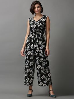 SHOWOFF - Womens V-neck Sleeveless Black Printed Jumpsuit