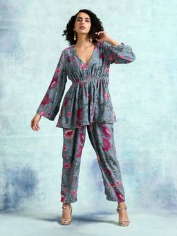 trueBrowns - Grey Printed Velvet Kurta (Set of 2)