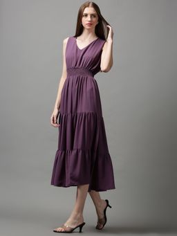 SHOWOFF - Womens V-neck Solid Violet Midi Dress