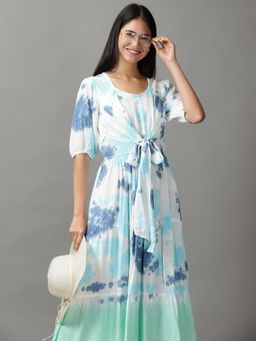 SHOWOFF - Womens Round Neck Maxi White Tie And Dye Dress