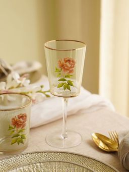 Pure Home + Living - Green Clear Floral Print Striped Wine Glasses