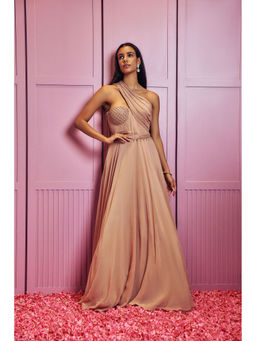 SAMMOHI BY MOKSHA & HIRAL - Beige Hand Embroidered One Shoulder Gown