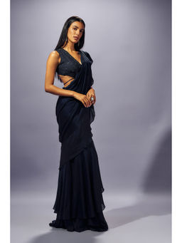 SAMMOHI BY MOKSHA & HIRAL - Navy Blue Hand Embellished Pre Draped Saree with Stitched Blouse