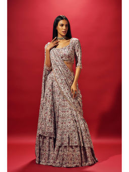 SAMMOHI BY MOKSHA & HIRAL - Beige Floral Layered Saree with Stitched Blouse