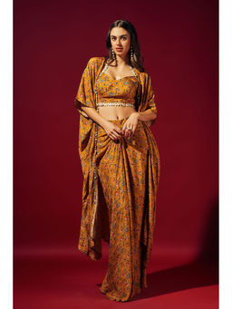 SAMMOHI BY MOKSHA & HIRAL - Mustard Floral Draped Skirt With Blouse And Cape (Set of 3)