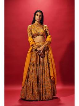 SAMMOHI BY MOKSHA & HIRAL - Mustard Layered Lehenga With Blouse And Dupatta (Set of 3)