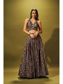 SAMMOHI BY MOKSHA & HIRAL - Olive Green Floral Lehenga With Blouse (Set of 2)