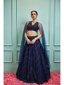 SAMMOHI BY MOKSHA & HIRAL - Blue Embroidered Lehenga With Stitched Blouse And Dupatta (Set of 3)